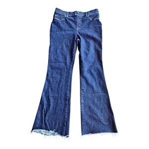 Spanx Flare‎ Pull On Jeans Women L Blue High Rise Pocket  Tummy Control Raw Hem